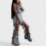 Gaia - Stilīgs gaiši zils denim crop tops ar detaļām uz pleciem un plēsto šortu komplektu