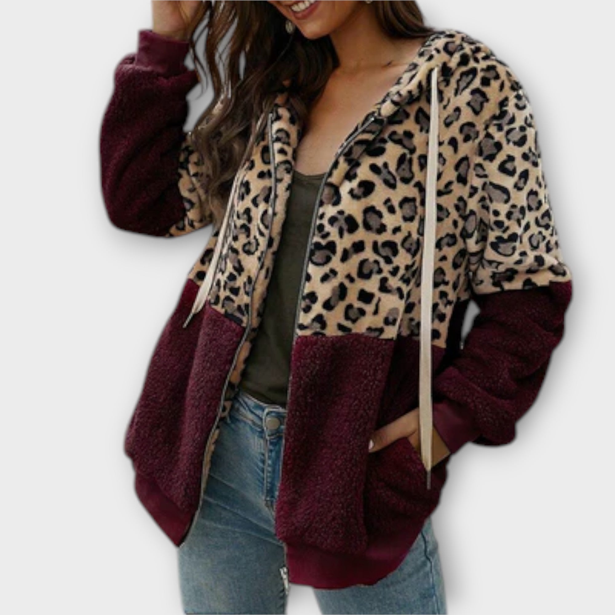 Lea - Fleece mikina ar kapuci un leopardu dizainu