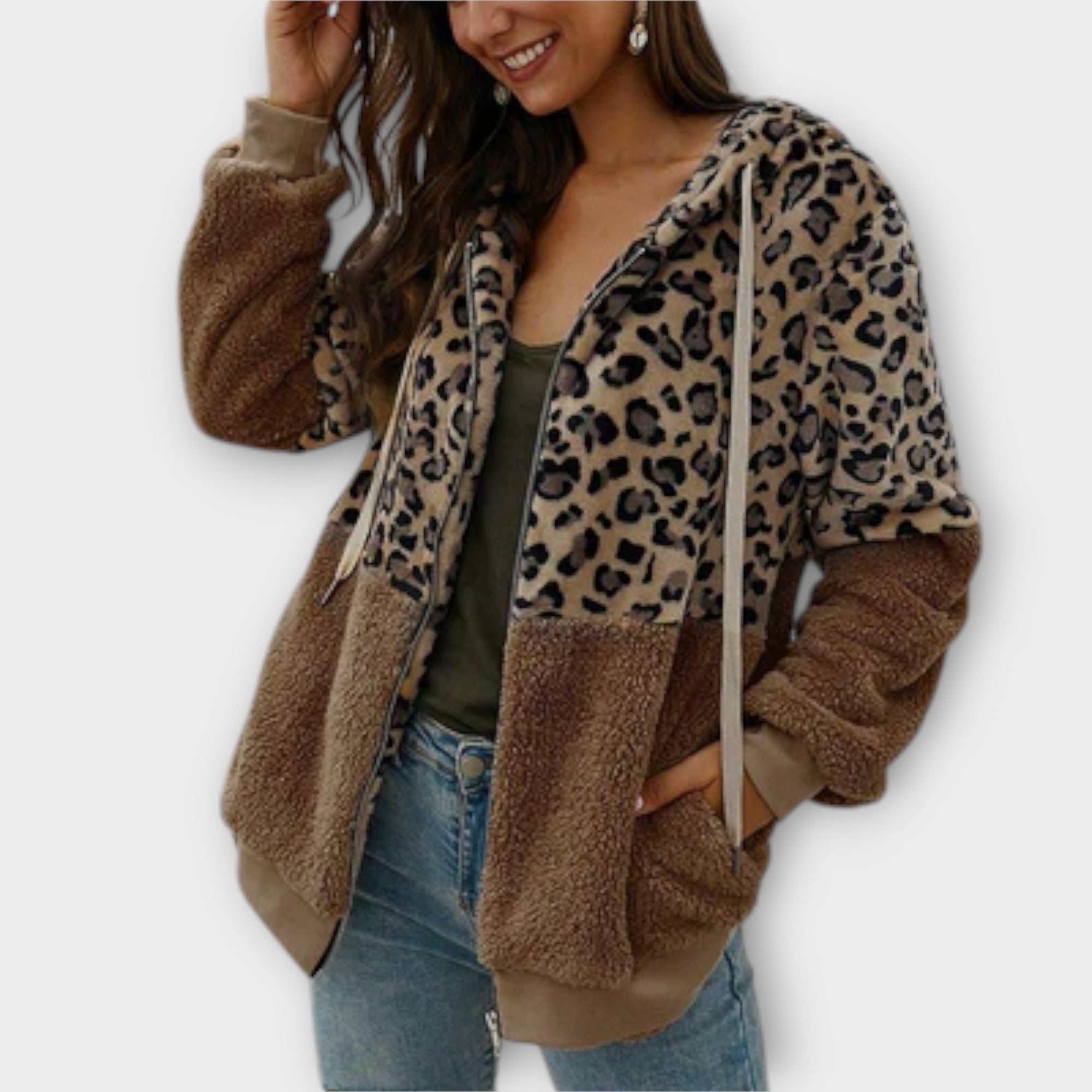 Lea - Fleece mikina ar kapuci un leopardu dizainu
