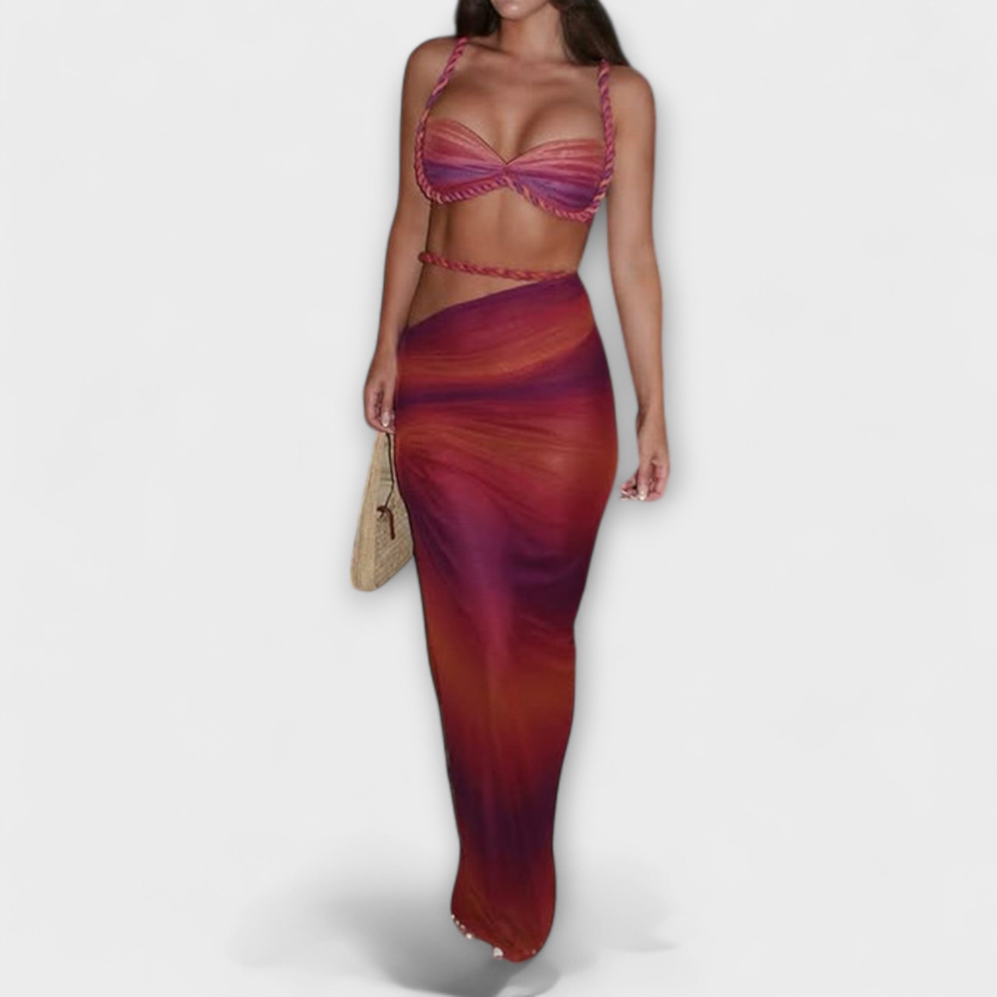 Jane - Stilīgs gradienta adīts crop top un overskirt duets