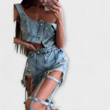 Gaia - Stilīgs gaiši zils denim crop tops ar detaļām uz pleciem un plēsto šortu komplektu