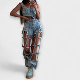 Gaia - Stilīgs gaiši zils denim crop tops ar detaļām uz pleciem un plēsto šortu komplektu